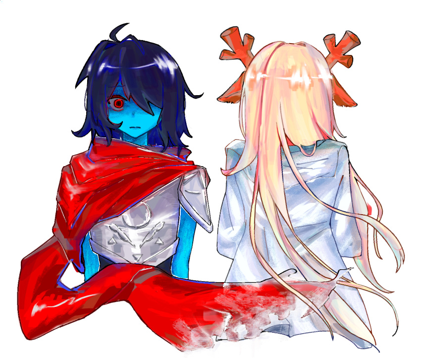 Safebooru - 1girl 1other antlers armor blonde hair blue hair blue skin ...