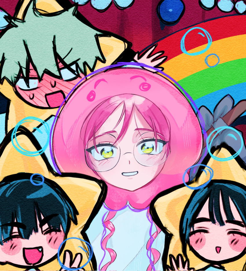 Safebooru - 2boys 2girls alien stage black hair blank eyes blush bubble ...