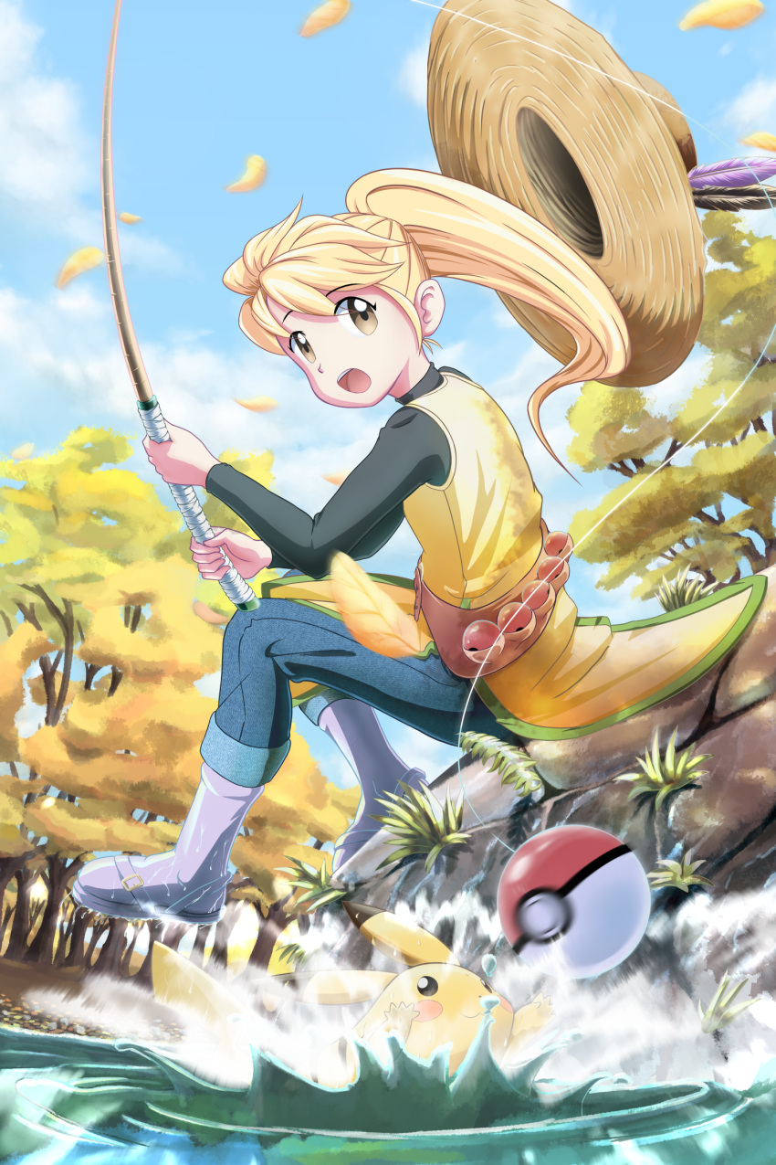 Safebooru 1girl blonde hair brown eyes fishing rod hat highres long