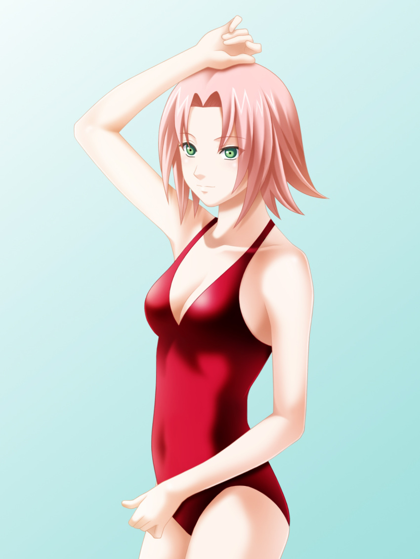 green_eyes haruno_sakura highres naruto one-piece_swimsuit pink_hair red_sw...