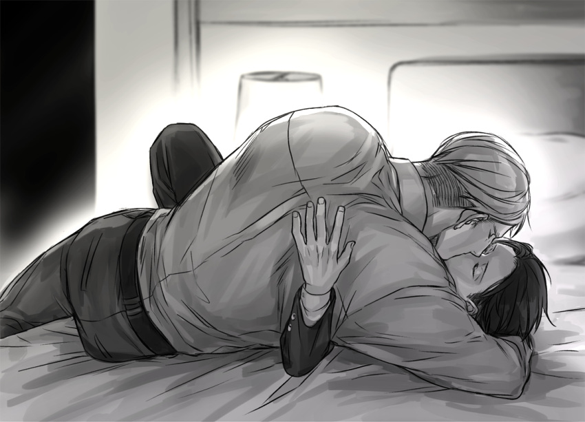 2boys bed closed_eyes erwin_smith hug kiss levi(shingeki_no_kyojin)