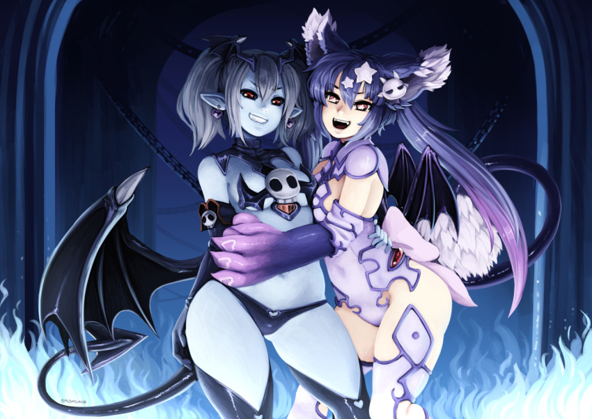 black_panties black_sclera blue_fire blue_hair breasts chain demon_girl dem...