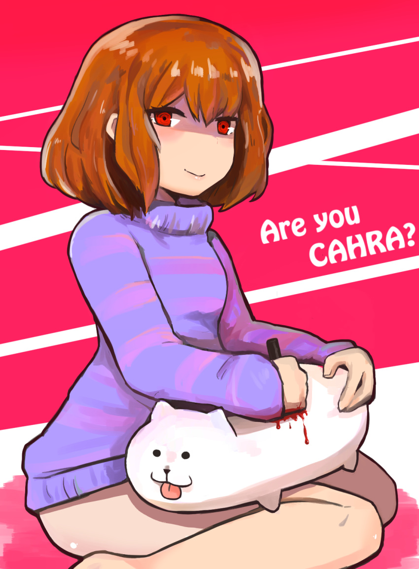 1girl annoying_dog bleeding blood brown_hair engrish frisk(undertale) hasso...