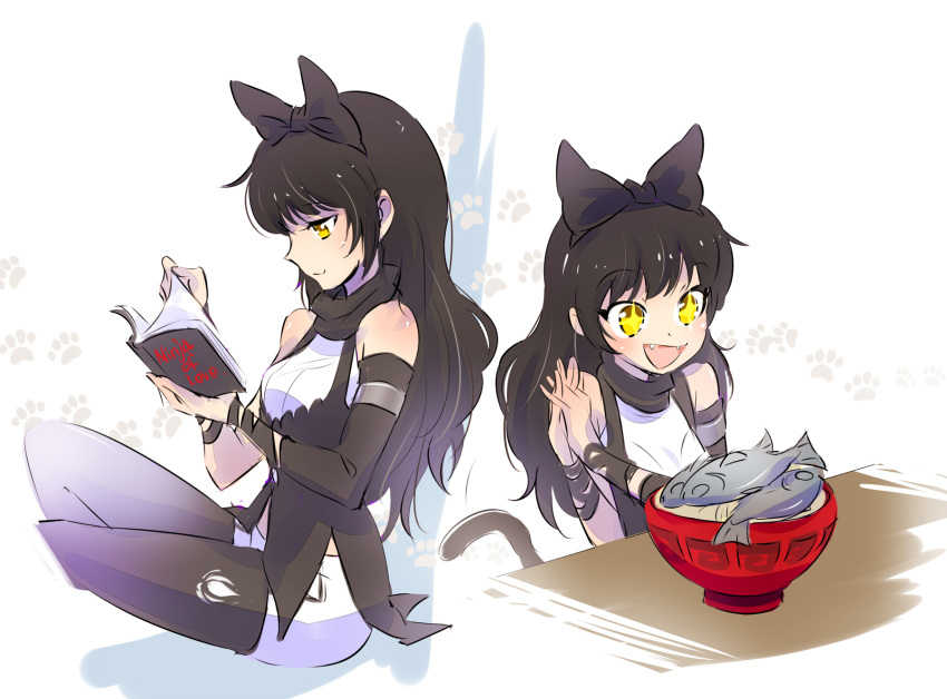 blake_belladonna book bow cat_tail fangs fish hair_bow hands_clasped highre...