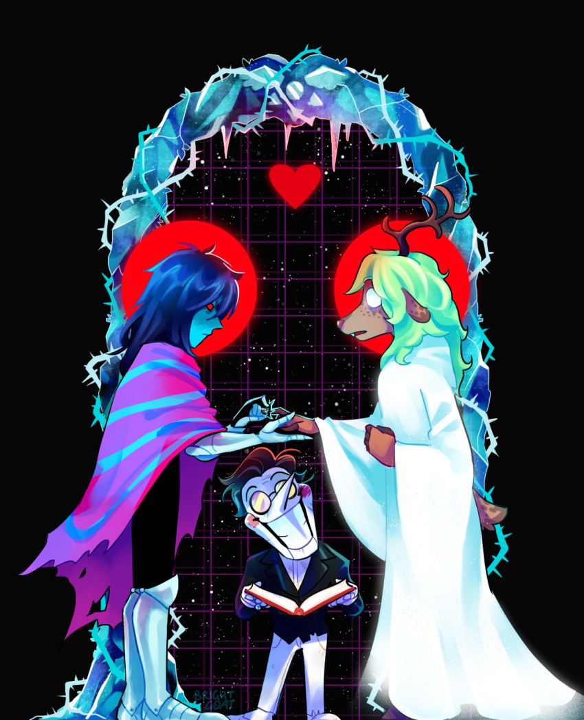Safebooru - 1boy 1girl 1other animal ears antlers aqua skin arm armor