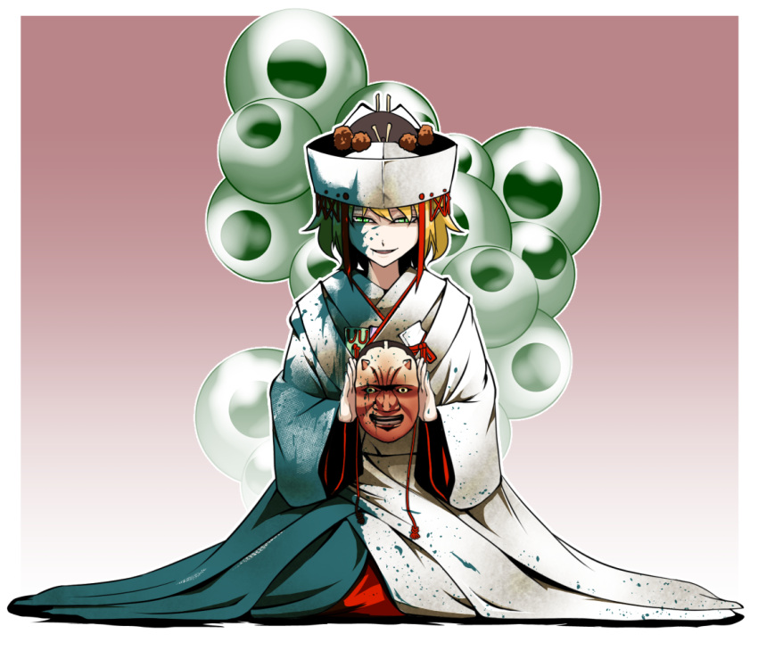 ...gradient_background green_eyes hat holding_mask japanese_clothes kikoka(mizuumi...