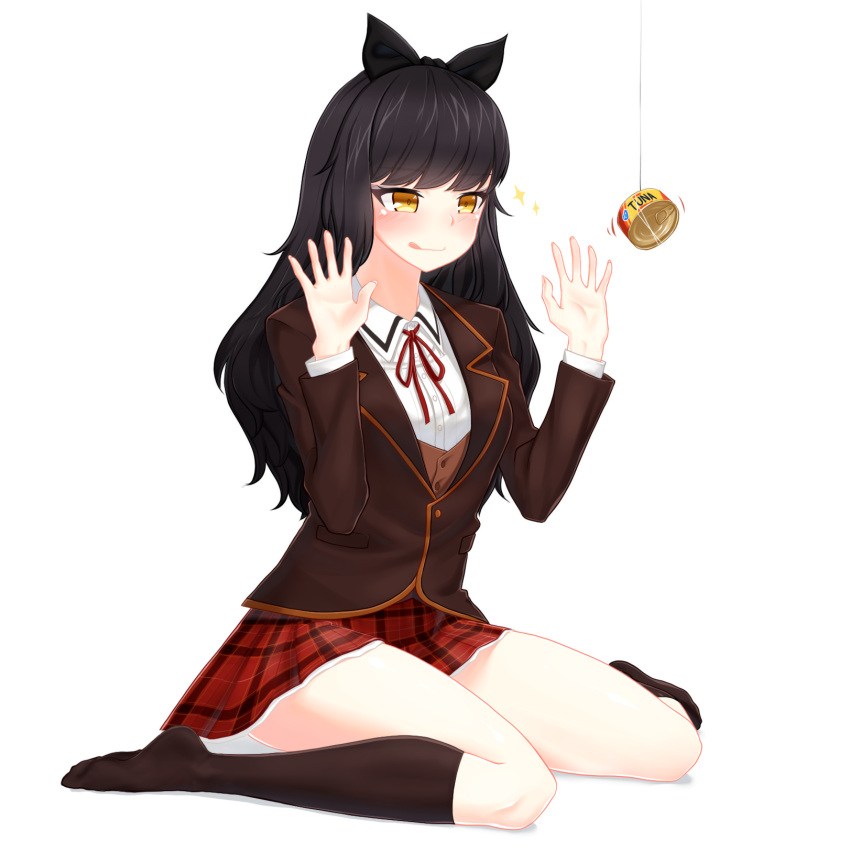 :p black_bow black_hair black_legwear blake_belladonna blush bow hands_up h...