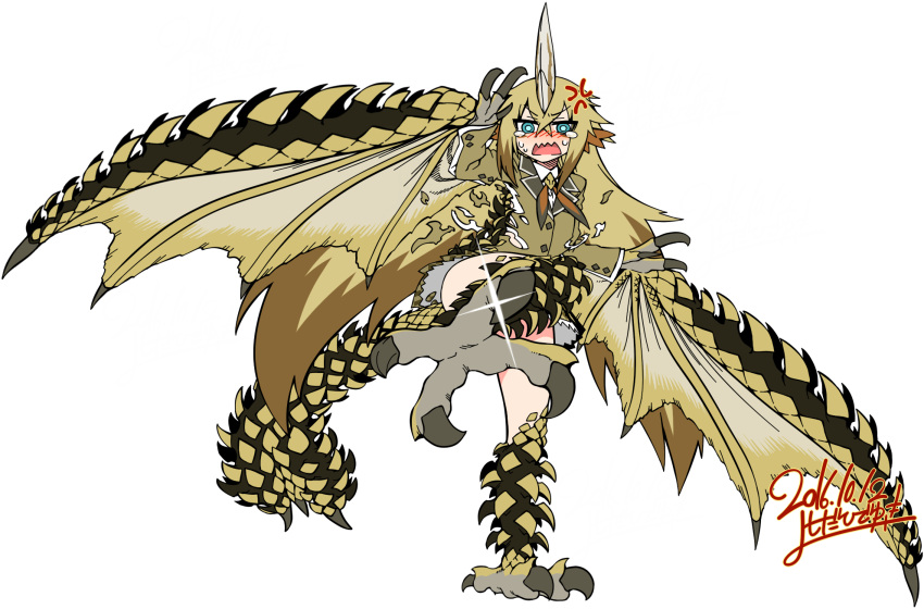 highres horn jacket leg_up long_hair long_sleeves looking_at_viewer monster_...