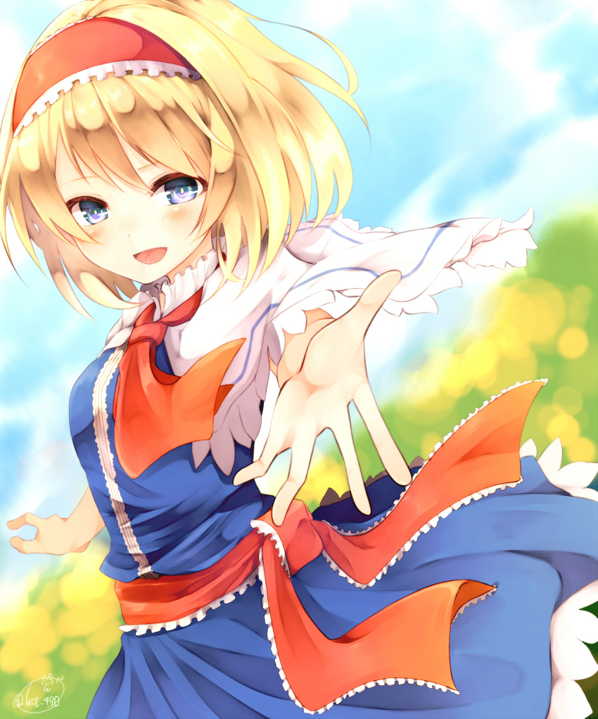 Safebooru 1girl Alice Margatroid Ascot Blonde Hair Blue Dress Blue Eyes Blush Capelet Chita 