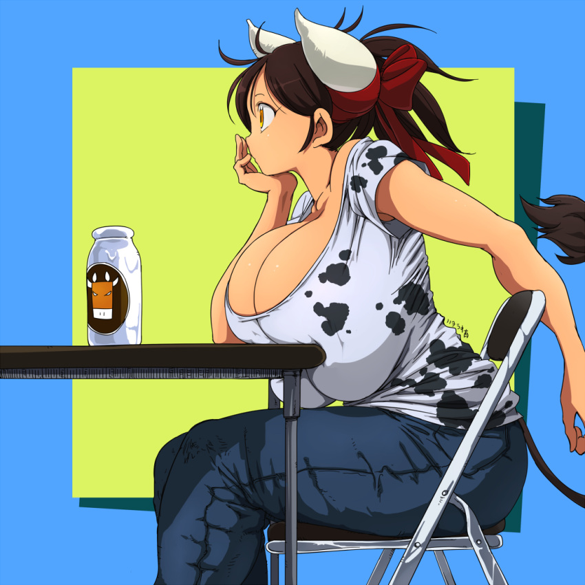 1girl belt blue_background bottle breast_press breasts brown_hair chair chi...