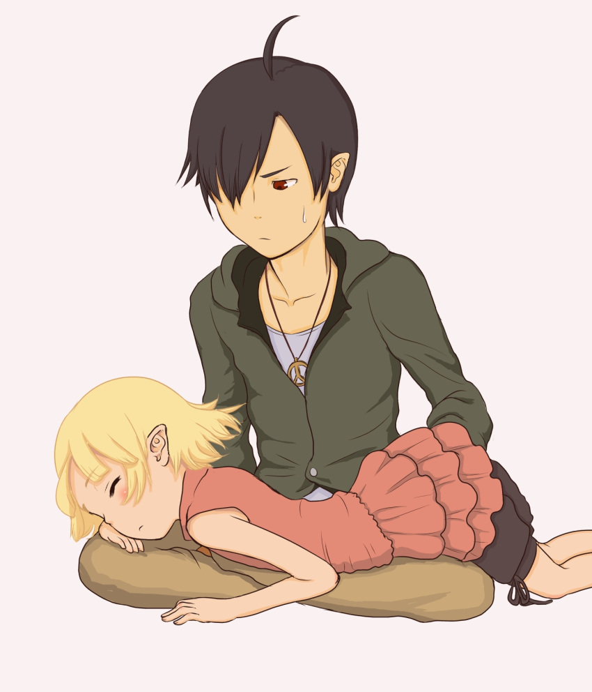 1boy 1girl araragi_koyomi blonde_hair child closed_eyes