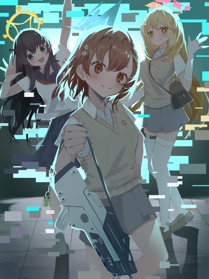 Safebooru - >:) + + 3girls :d absurdres assault rifle black hair black ...