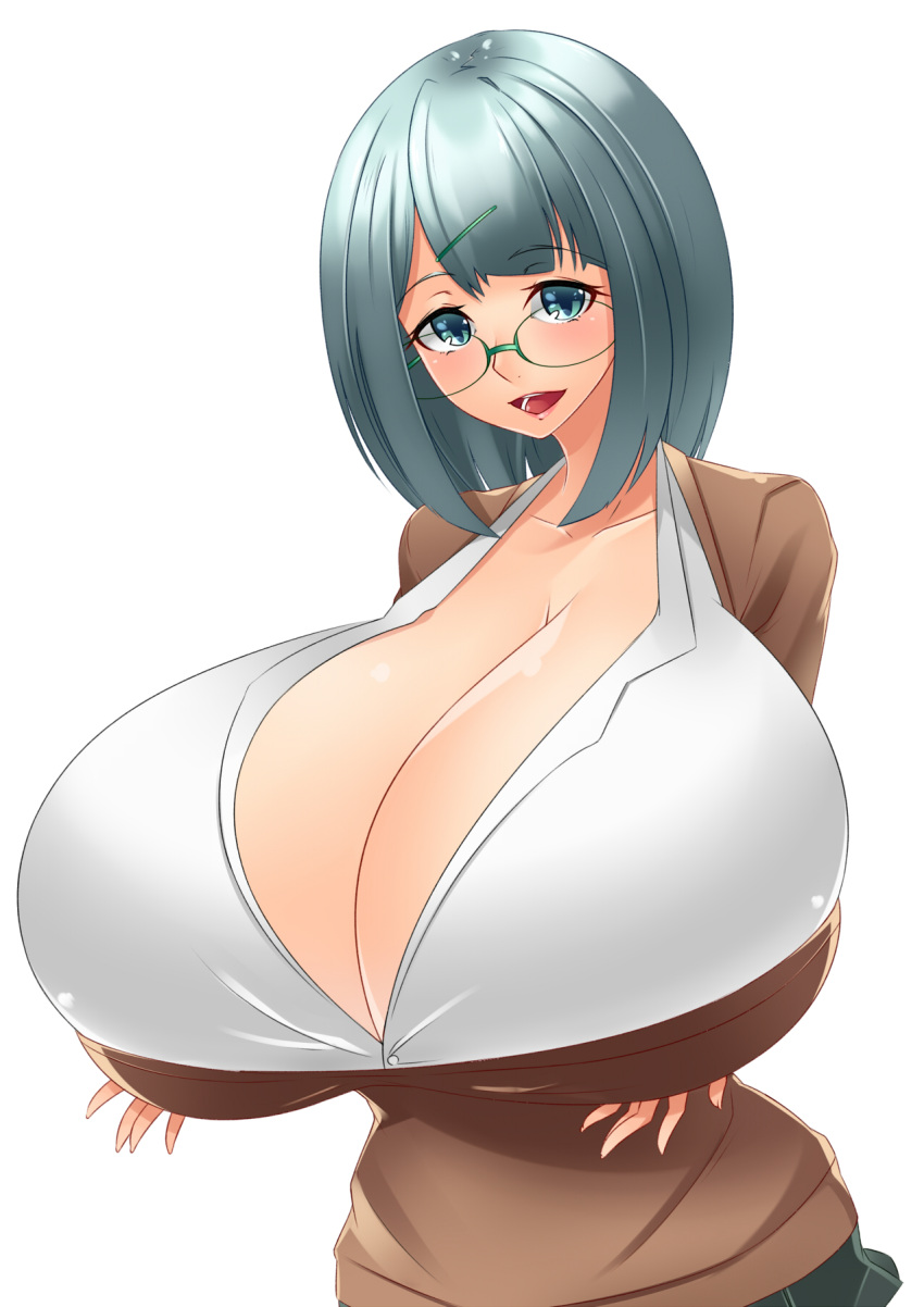 bluespice breasts gigantic_breasts glasses gray_eyes grey_hair.