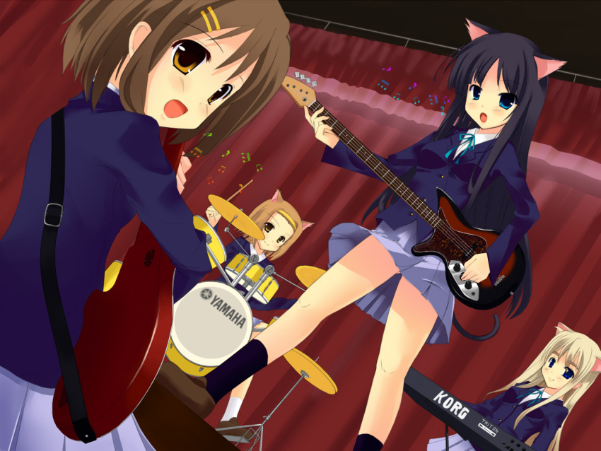 akiyama_mio animal_ears arisu cat_ears drum drum_set dutch_angle guitar hir...