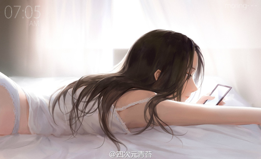 1girl ass bed_sheet black_hair brown_eyes camisole cellphone curtains from_...