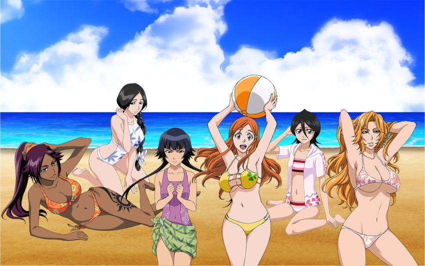 6+girls armpits arms_up ball barefoot beach beachball bikini black_hair ble...