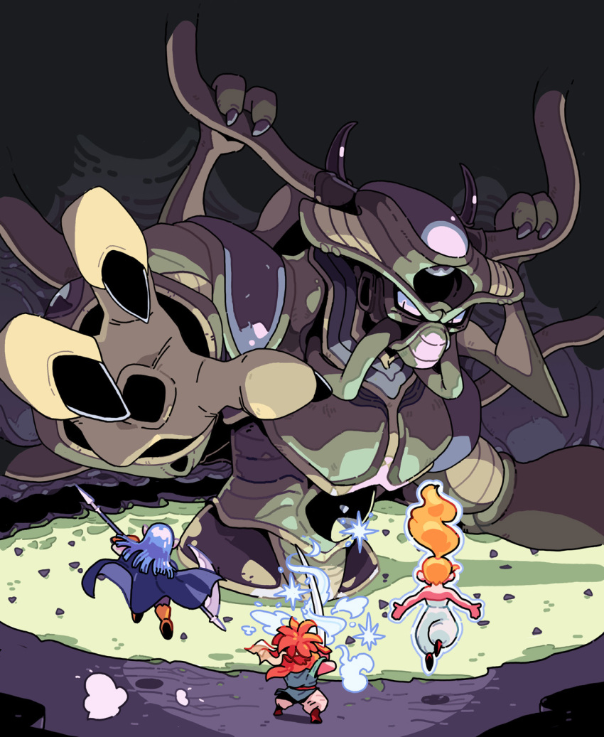Safebooru - 1other 2boys 2girls black background blonde hair blue cape ...
