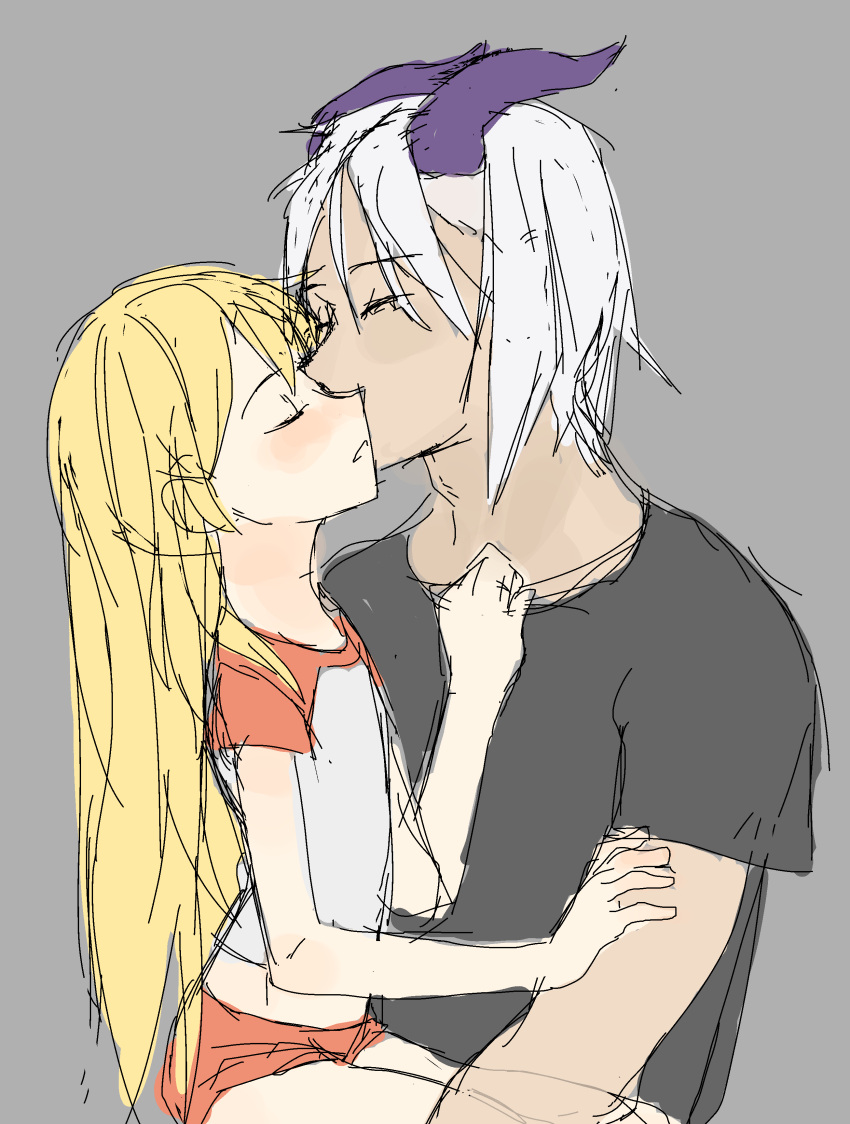 ...couple from_side grey_background hetero horns kiss long_hair original pe...