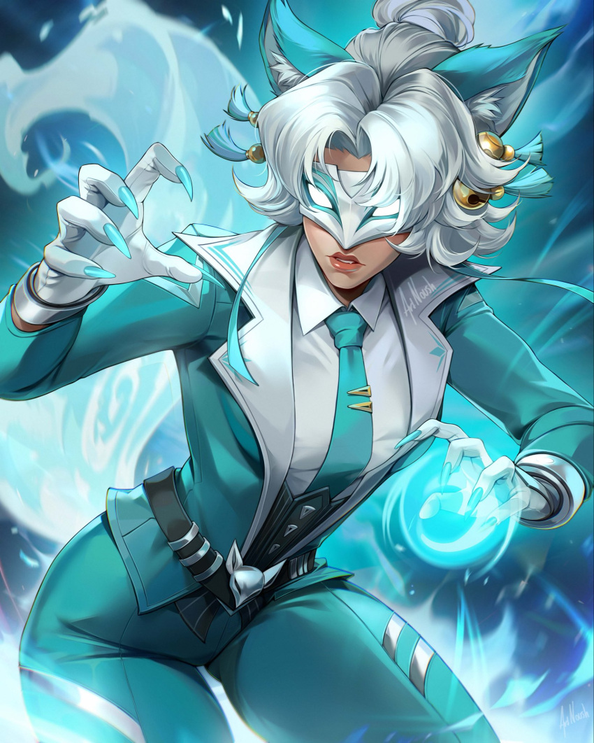Safebooru - 1girl animal ear fluff animal ears aqua jacket aqua nails ...