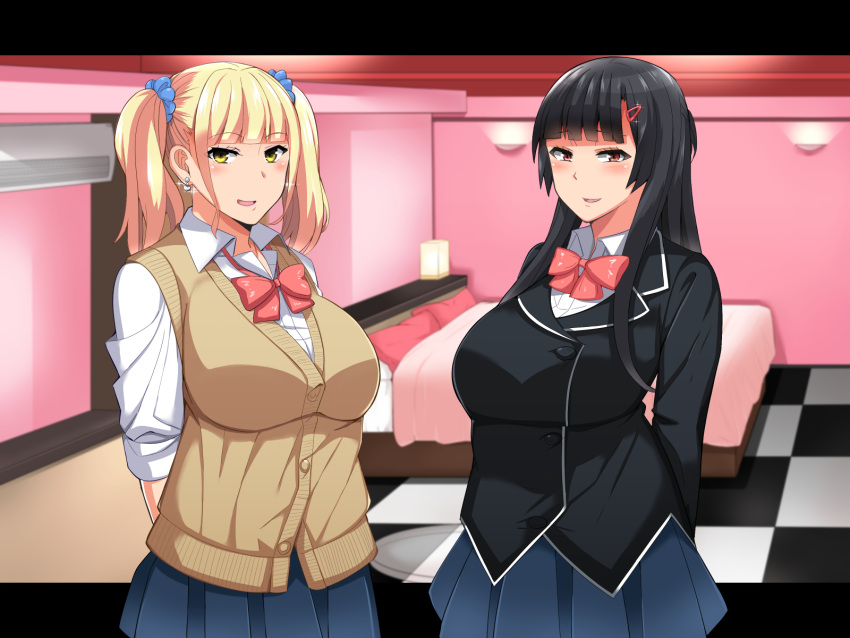 Safebooru 2girls Arms Behind Back Bed Black Hair Blonde Hair Blue Skirt Blush Bow Breasts 0555