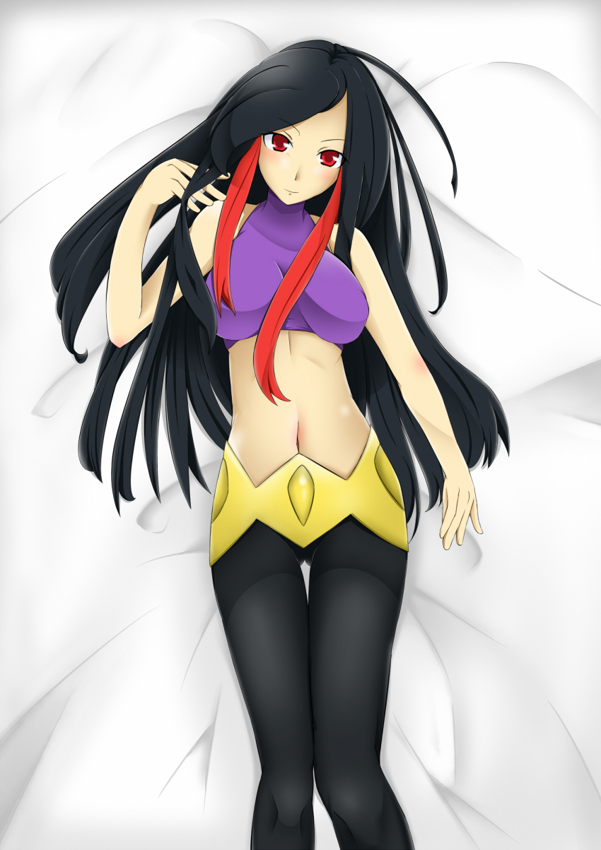 00s 1girl azami(pokemon) bangs bare_shoulders black_hair breasts crop_top f...