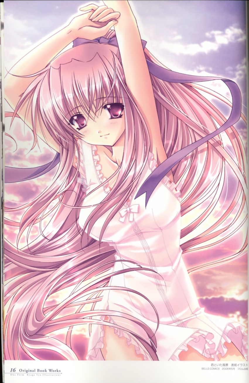 Safebooru blouse blush hair ribbon long hair pink hair red eyes smile