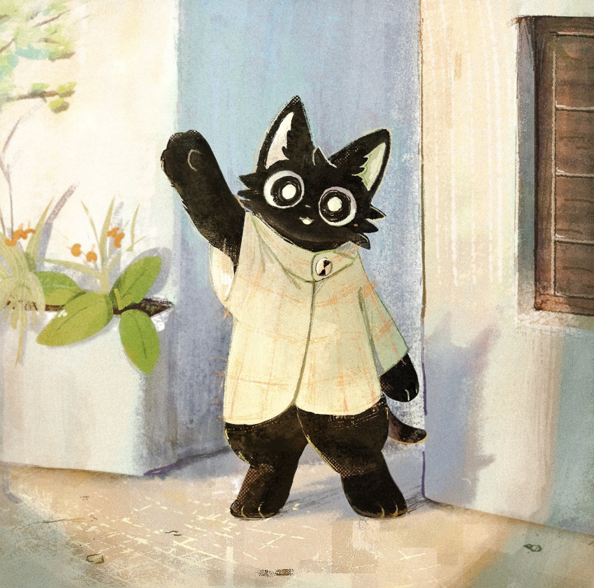 Safebooru - 1boy arm up black fur bright pupils cat boy checkered ...