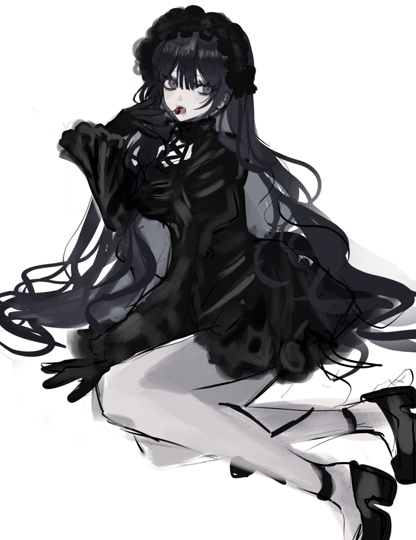 Safebooru - 1girl akai ringo (eveyuno) black dress black hair black ...