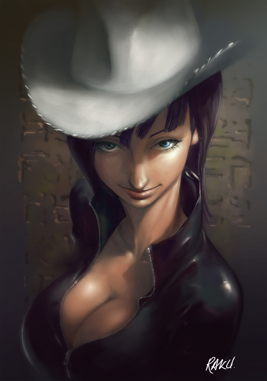 breasts cleavage cowboy_hat female hat highres ismael jacket jaya large_bre...