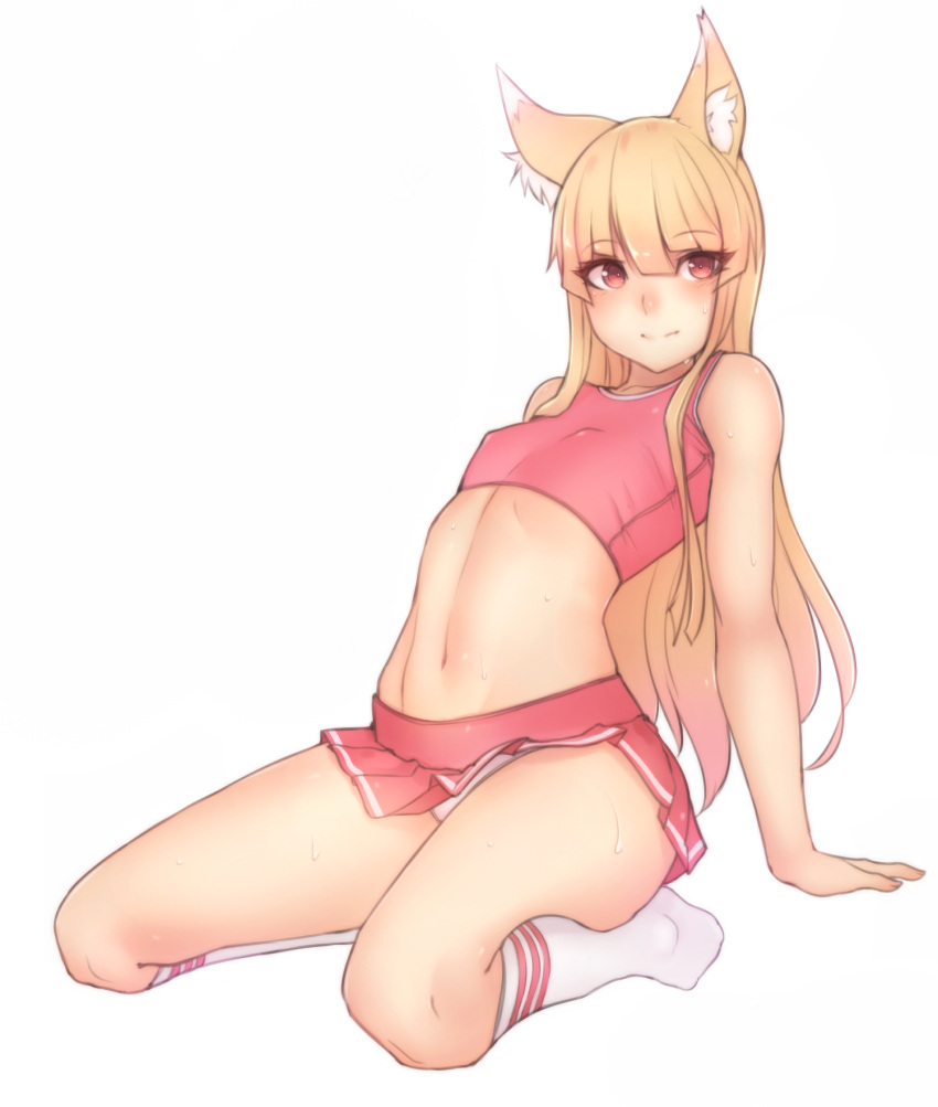 1girl animal_ears arm_support blonde_hair blush erect_nipples flat_chest fo...
