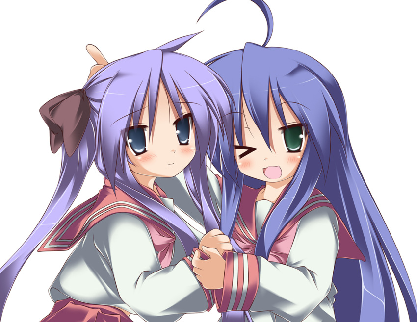 blue_hair hiiragi_kagami izumi_konata long_hair lucky_star purple_hair scho...