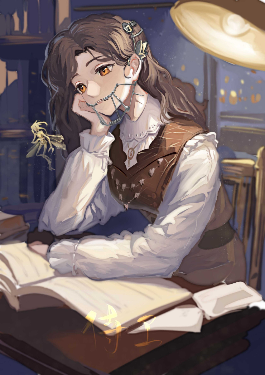 Safebooru 1girl absurdres arm on table artist name book bookshelf