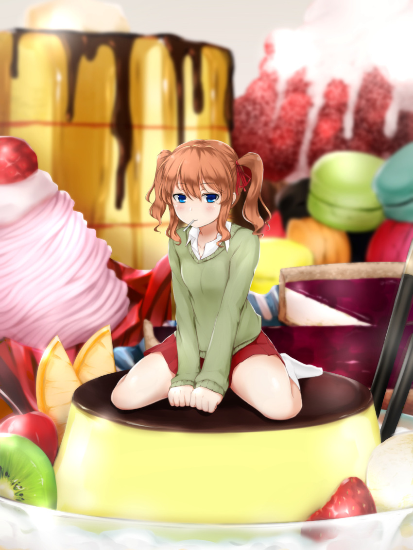 Safebooru 1girl Blue Eyes Blush Brown Hair Dessert Food Fruit Highres Ichiban No Yagi Original