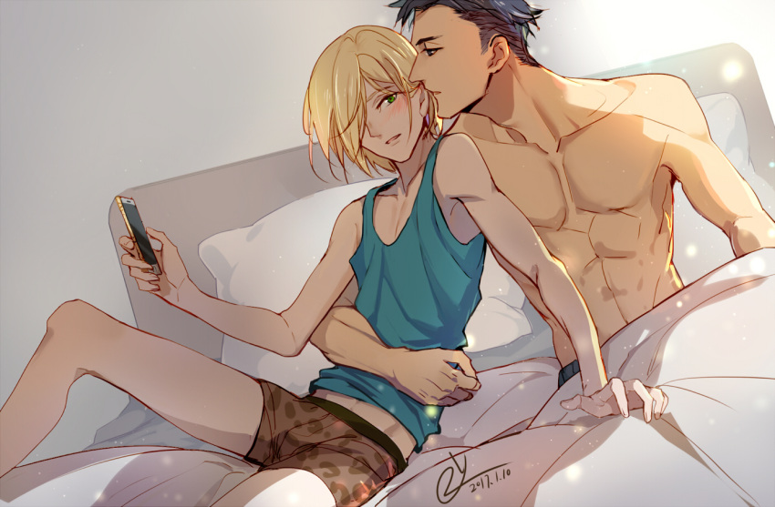 2boys 2y animal_print arm_around_waist bed black_hair blonde_hair blush box...