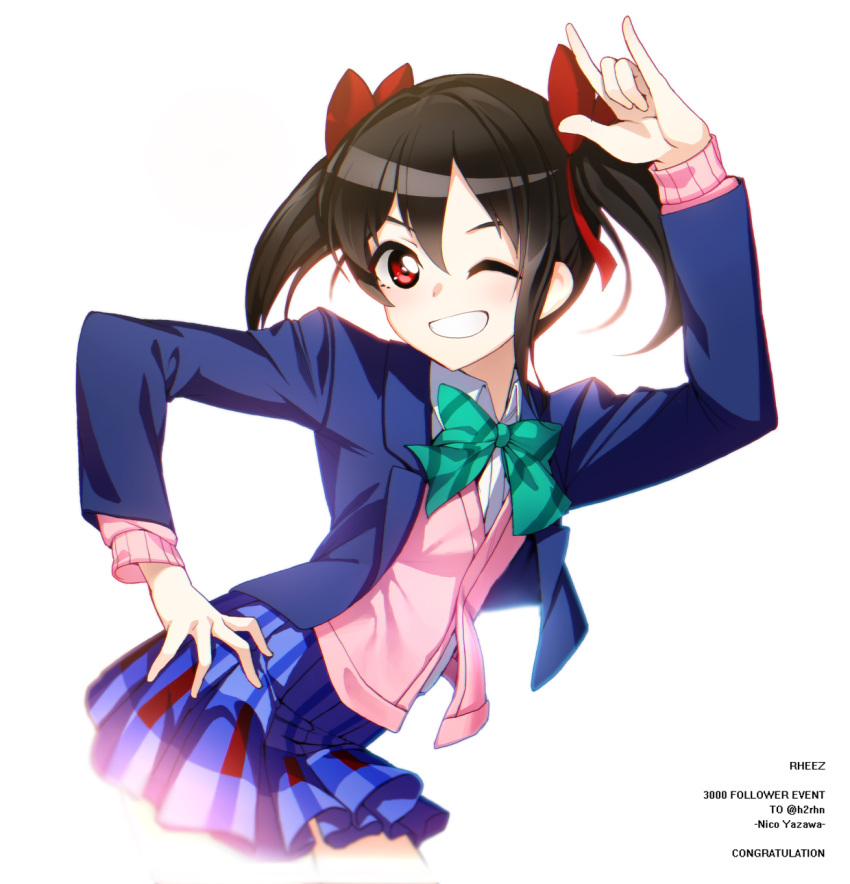 Safebooru - 1girl \m/ black hair blazer bow engrish grin hair between ...