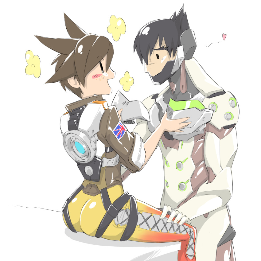 1boy 1girl armor ass bangs black_hair bodysuit brown_hair chip-tooth couple...