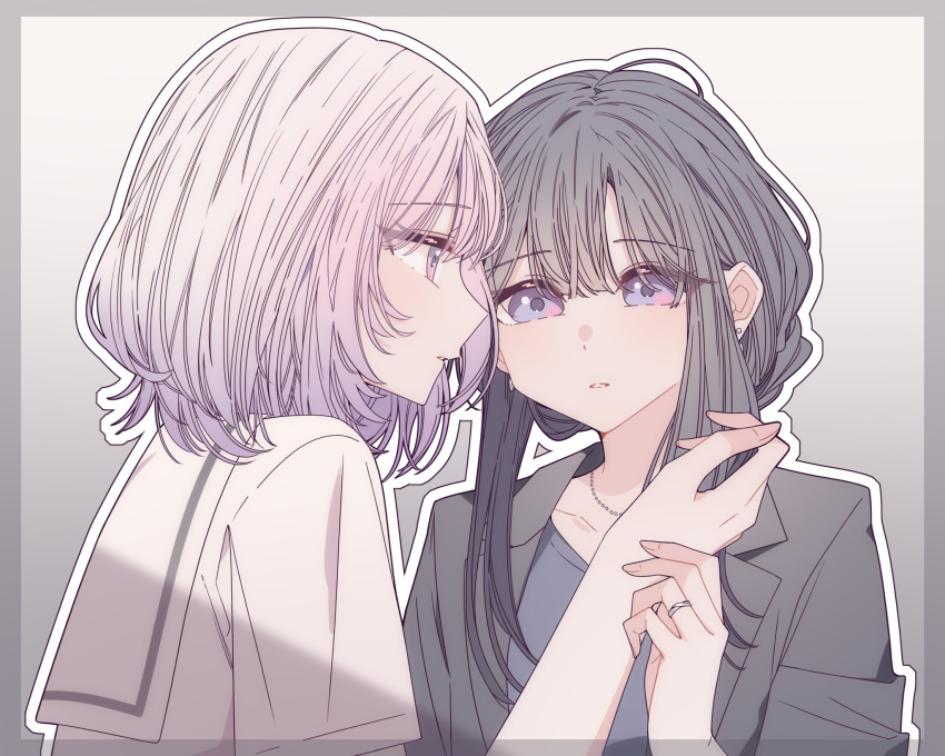 Safebooru 2girls black hair black jacket black shirt blush border