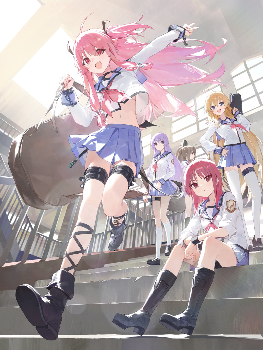 Key Hand Railing Safebooru - 5girls absurdres ahoge angel beats! bag black boots black ...