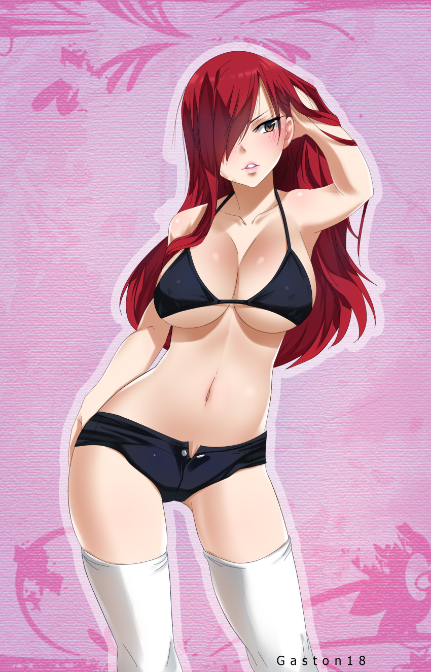 1girl absurdres armpits blush breasts brown_eyes cleavage collarbone erza_s...