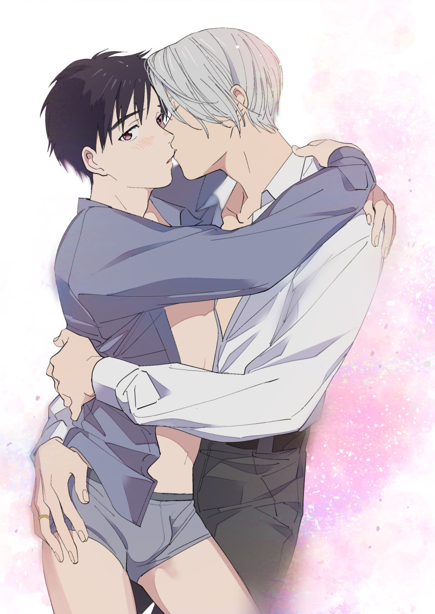2boys black_hair blue_eyes blush boxer_briefs closed_eyes hand_on_another&a...