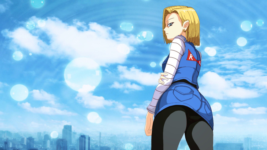 1girl android_18 ass astroboy84 blonde_hair breasts city denim dragon_ball ...