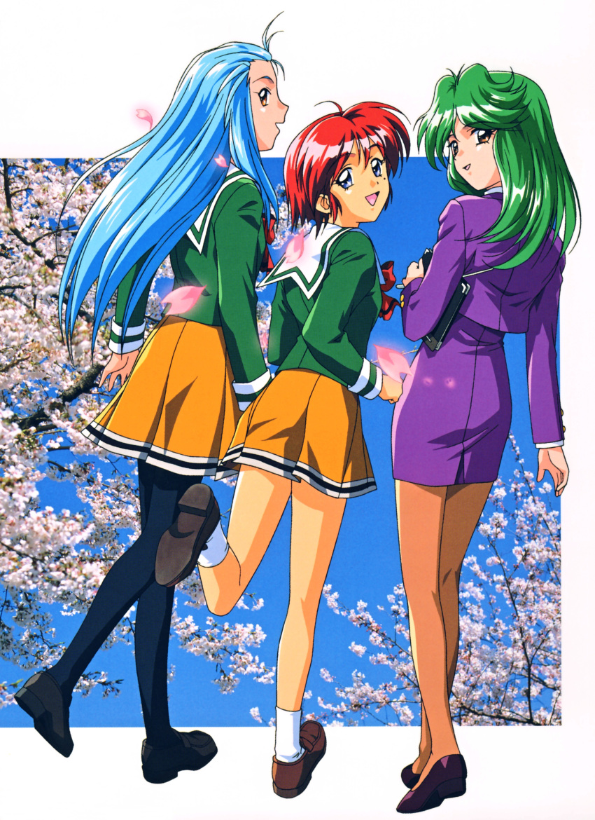 Safebooru 3girls Absurdres Asou Kasumi Blue Eyes Blue Hair Cherry Blossoms Green Hair Highres 
