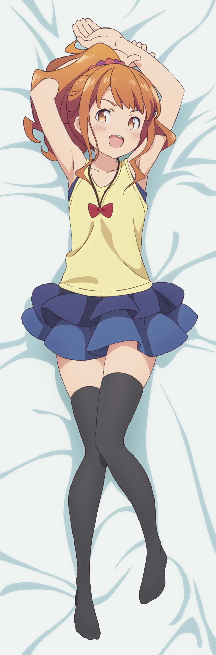 ...bed_sheet black_legwear blue_skirt blush bow brown_eyes brown_hair colla...