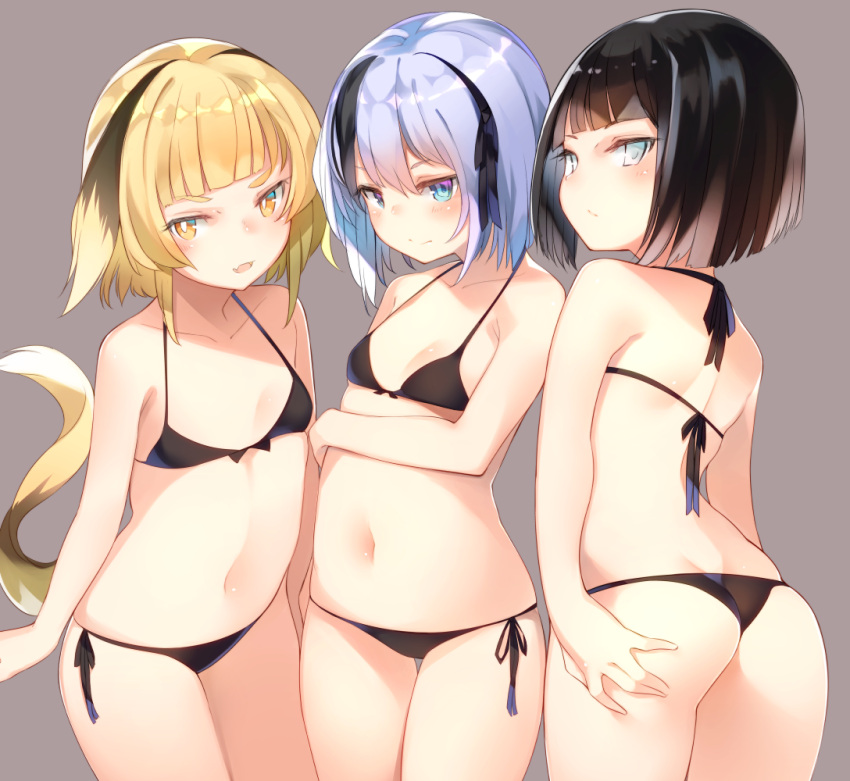 3girls animal_ears ass bangs bikini black_bikini black_hair blonde_hair blu...