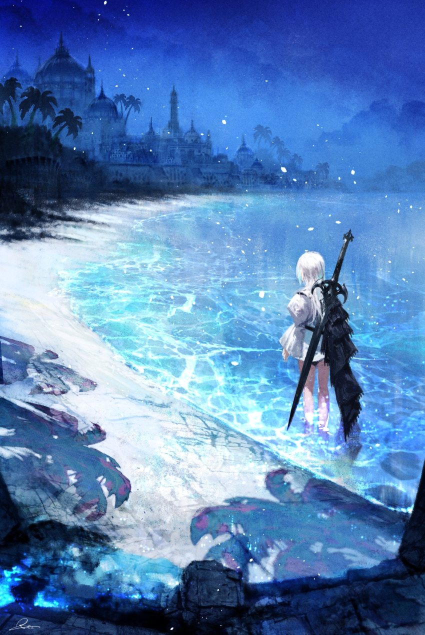 Shadow Shore Safebooru - 1girl beach building cape concept art dress english ...