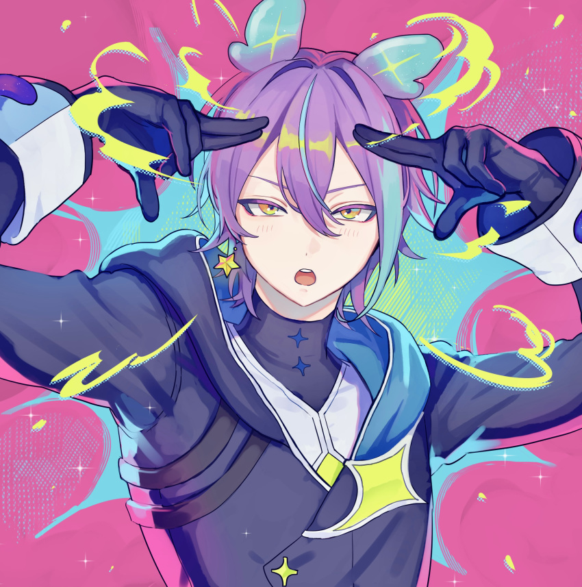 safebooru-1boy-arms-up-black-gloves-black-hoodie-blush-commentary-ear