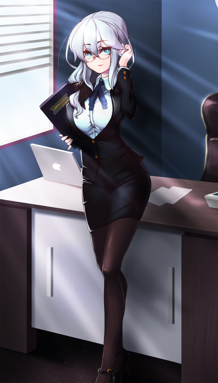...folder full_body glasses hair_bow hand_up highres indoors jewelry laptop...