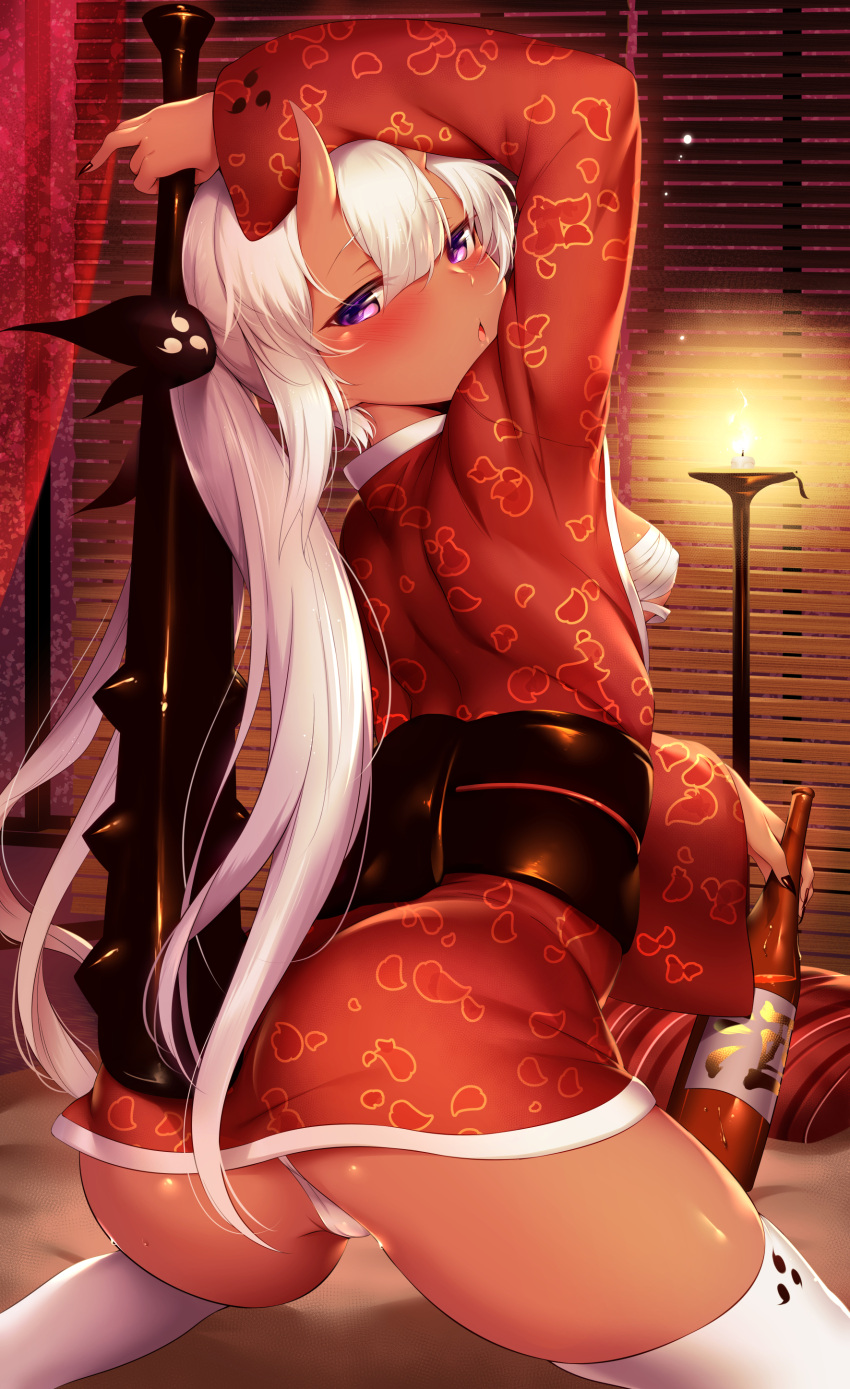 ...horns indoors japanese_clothes kimono long_hair long_sleeves looking_at_...