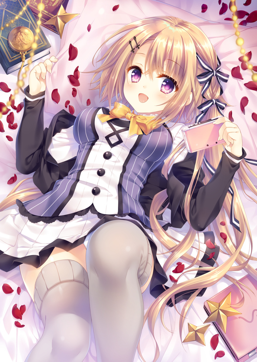 ...bowtie hair_ornament hair_ribbon highres holding looking_at_viewer lying...
