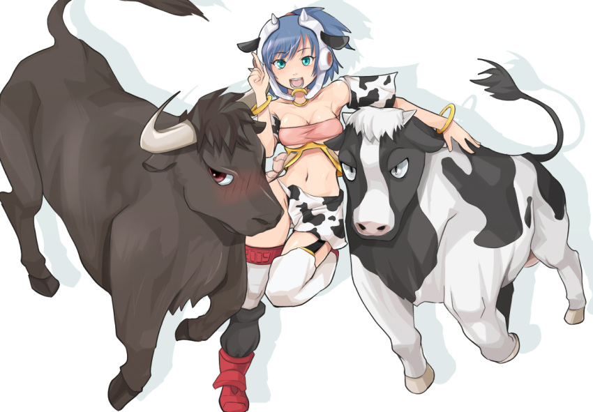 animal_ears blue_eyes blue_hair breasts bull cleavage cow cow_girl cowgirl ...
